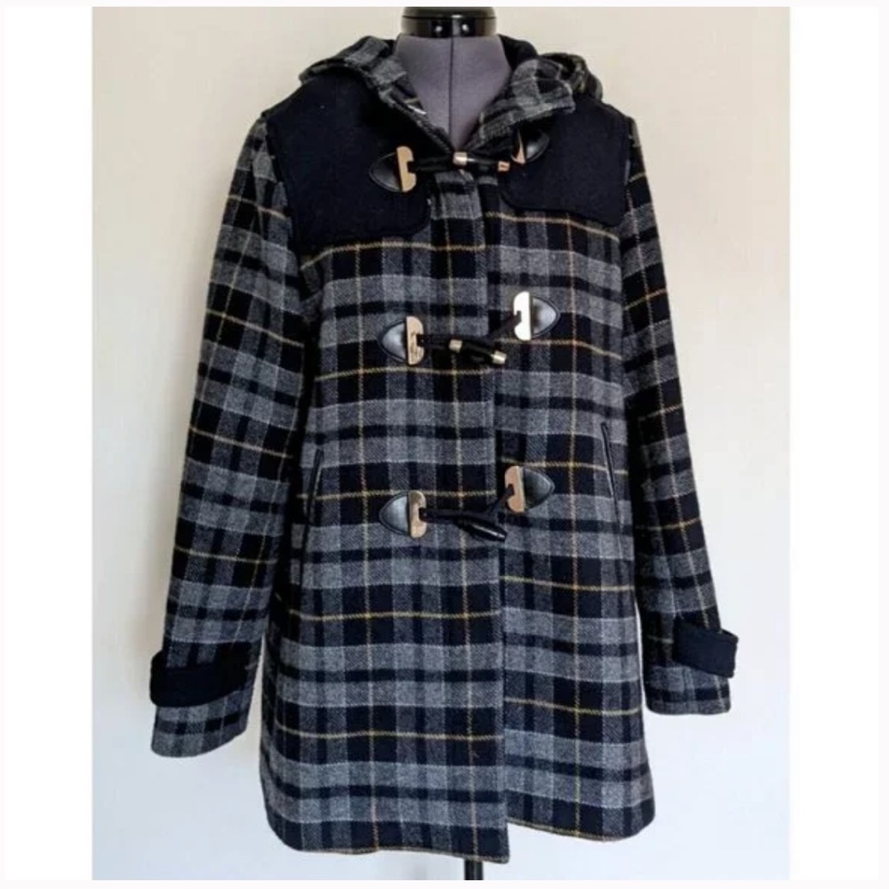 Forever New Womens Coat Jacket Wool Blend Check Grey Black Yellow Hooded…